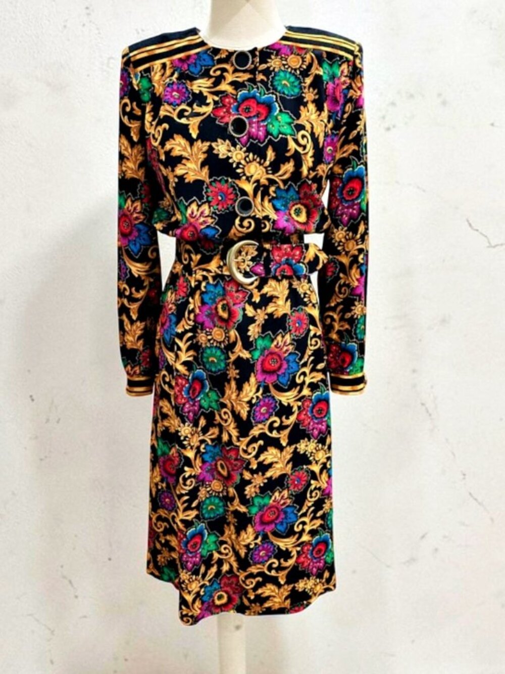 VTG Leslie Fay Dress Size 6 Belted Jewel Tones Floral Baroque MIDI Rayon 80s 90s
